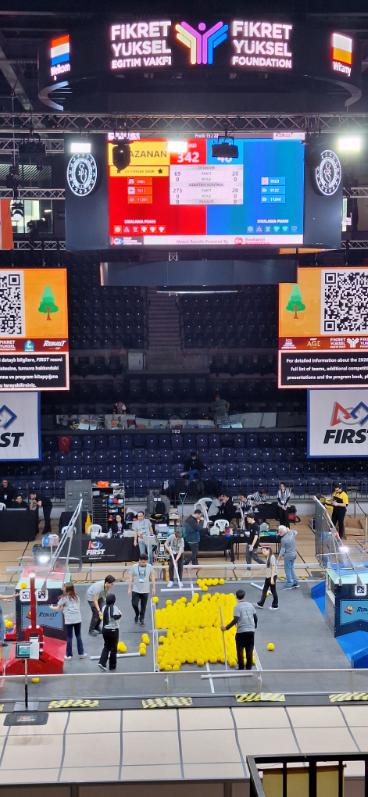 Widok z góry na halę zawodów robotycznych. W centrum znajduje się pole gry z dużą liczbą żółtych piłek ułożonych w stos. Wokół pracują uczestnicy i sędziowie przygotowujący elementy gry. Nad areną widoczny jest ogromny ekran z wynikami oraz napis „Fikret Yüksel Foundation”.